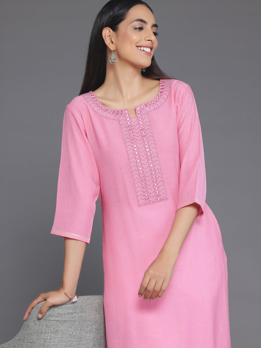 Pink Yoke Design Cotton Straight Kurta - Libas 