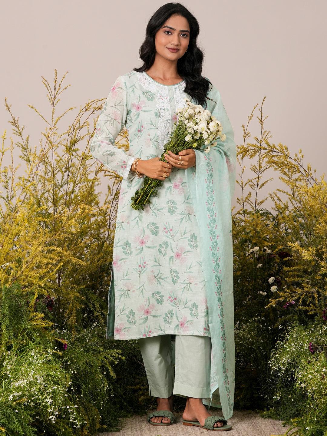 Green Printed Linen Straight Suit With Dupatta - Libas 