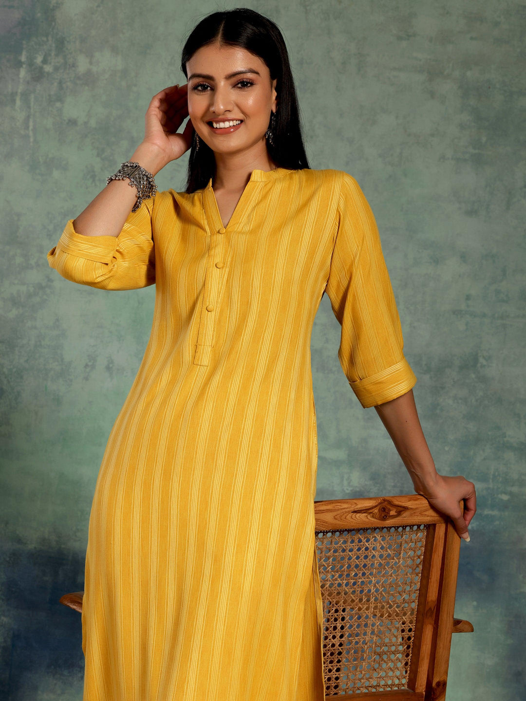 Yellow Woven Design Rayon Straight Kurta - Libas 