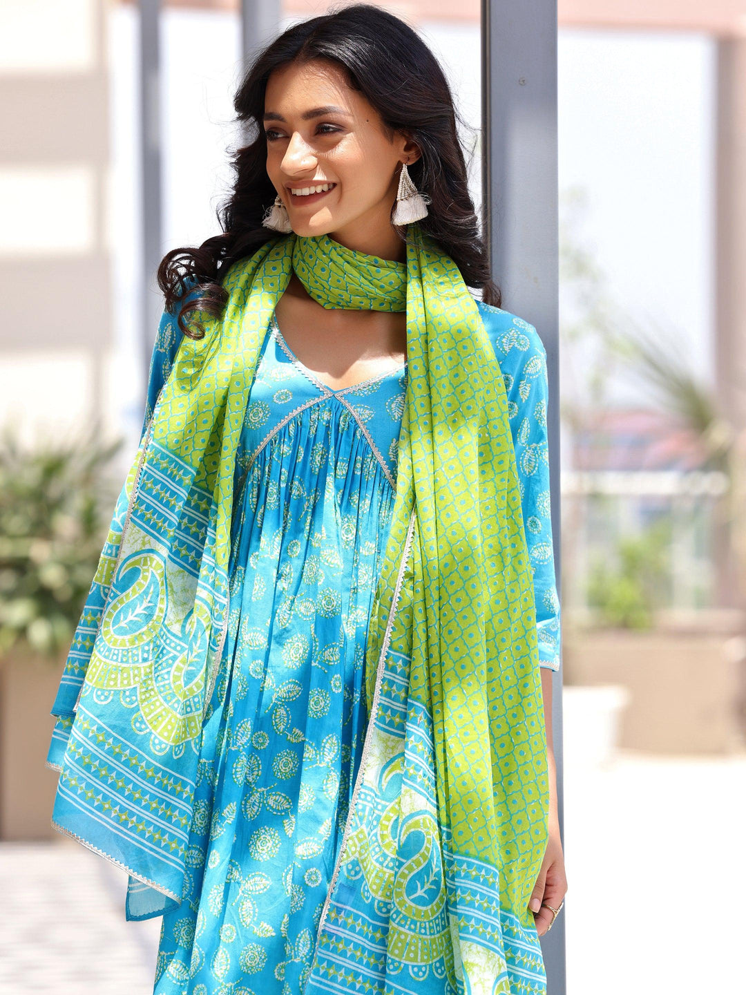 Blue Printed Cotton A-Line Kurta With Palazzos & Dupatta - Libas 