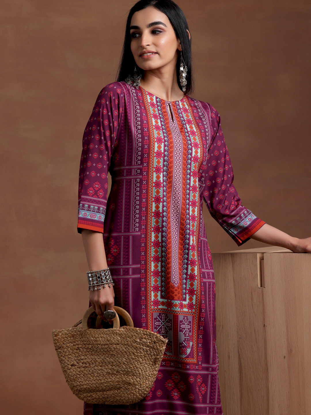 Wine Printed Poly Crepe Straight Kurta Set - Libas 