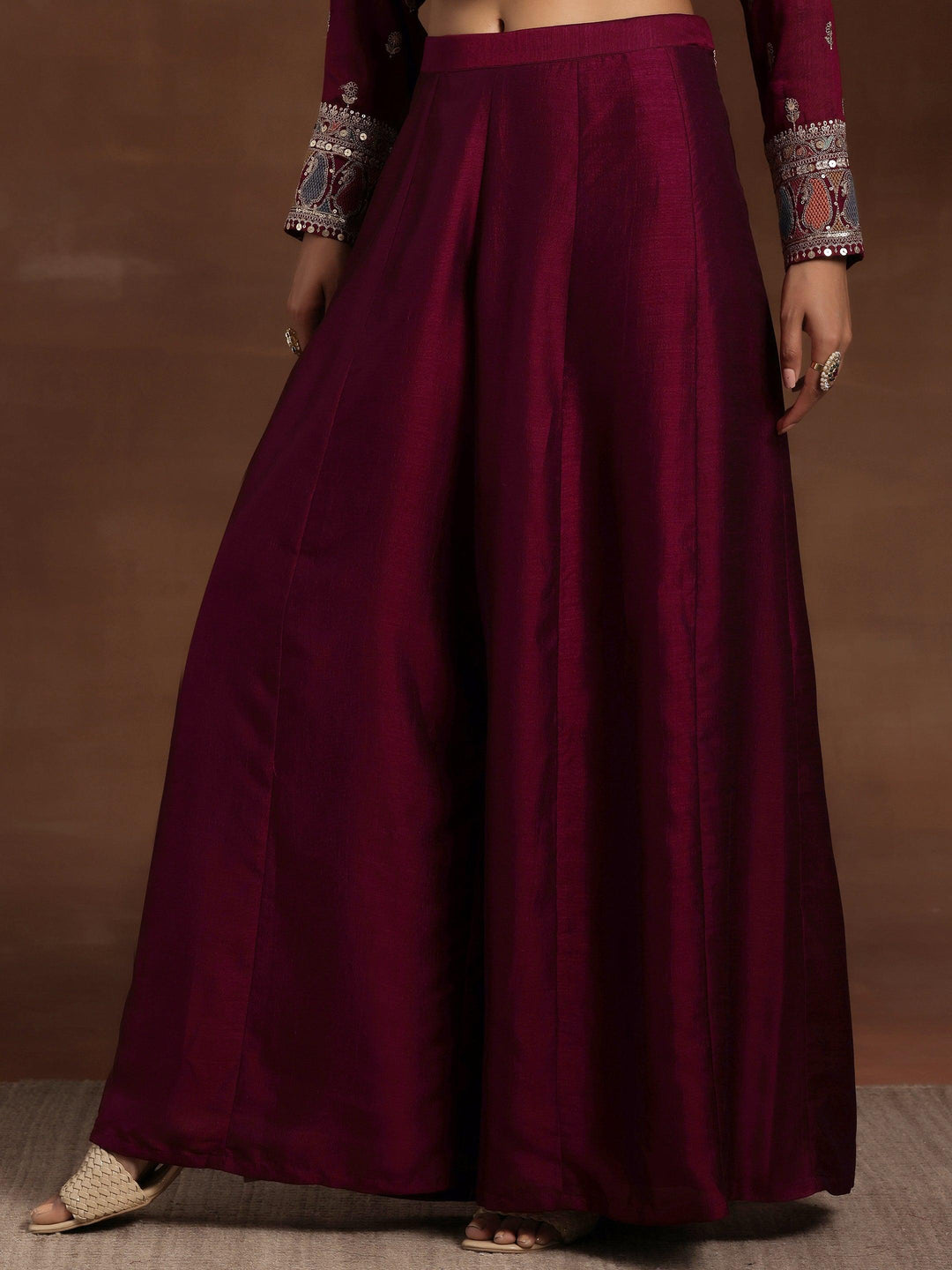 Maroon Embroidered Silk Blend Straight Kurta With Palazzos & Dupatta - Libas 