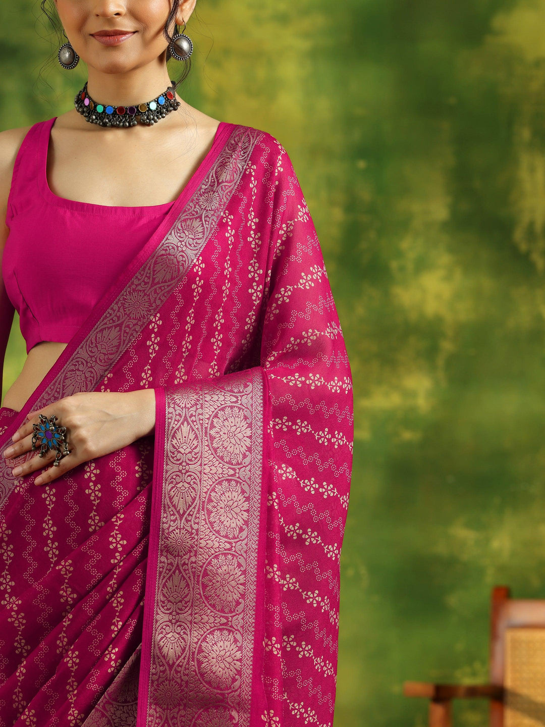 Pink Printed Silk Blend Saree With Unstitched Blouse Piece - Libas