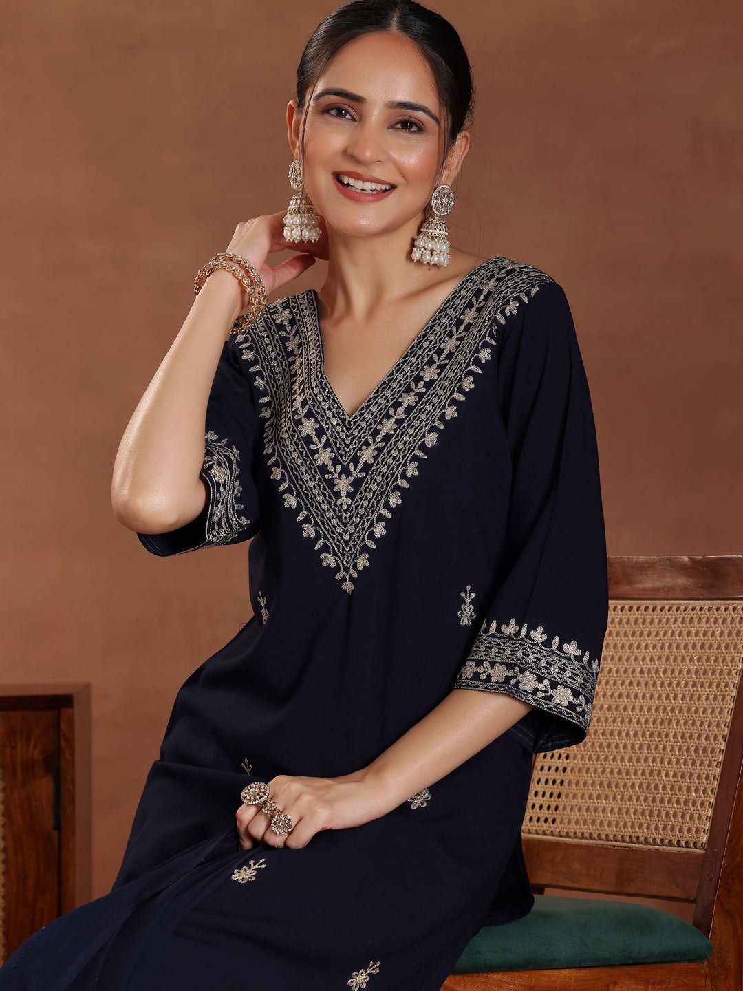  Blue Embroidered Rayon Straight Suit With Dupatta 