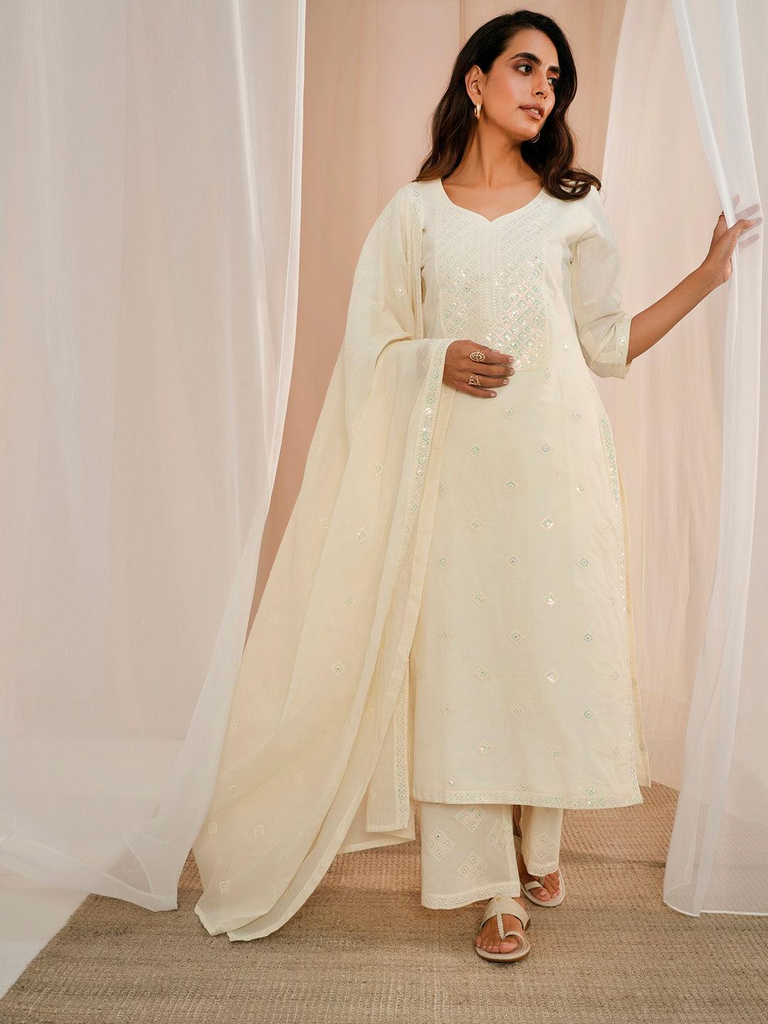 Off White Embroidered Cotton Straight Suit With Dupatta - Libas 