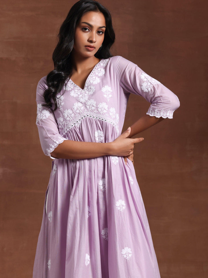 Lavender Embroidered Cotton A-Line Kurta - Libas