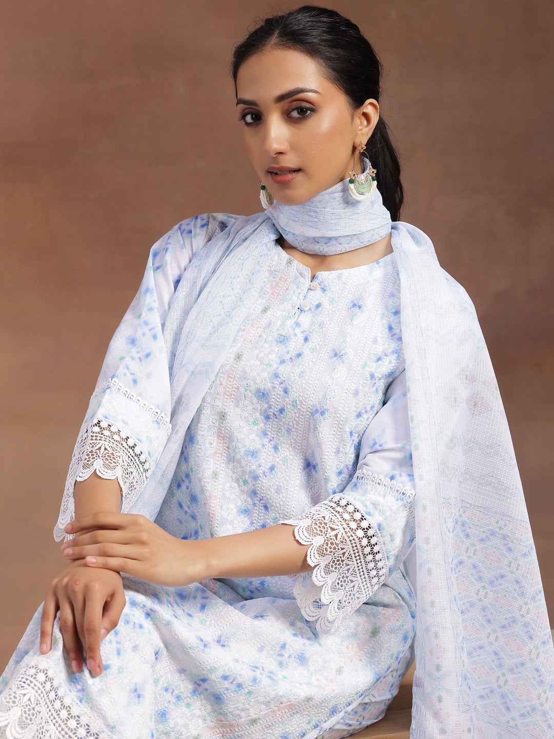 Sky Blue Embroidered Cotton Blend Straight Suit With Dupatta - Libas 