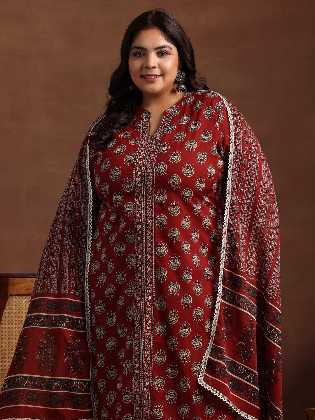 Plus Size Maroon Printed Cotton Straight Suit With Dupatta - Libas