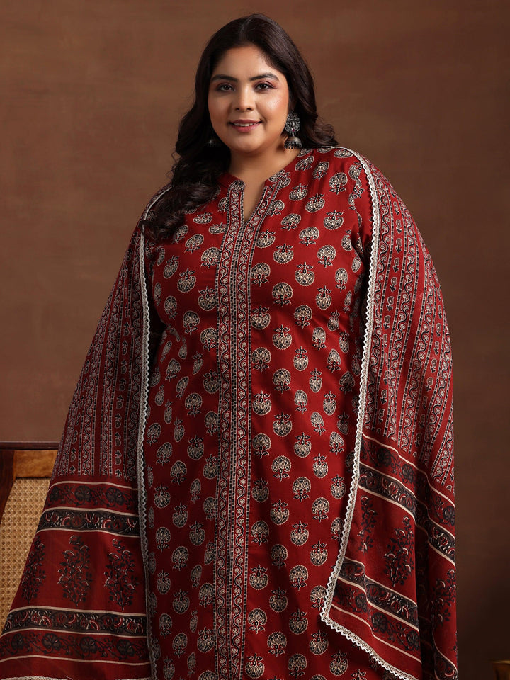 Plus Size Maroon Printed Cotton Straight Suit With Dupatta - Libas