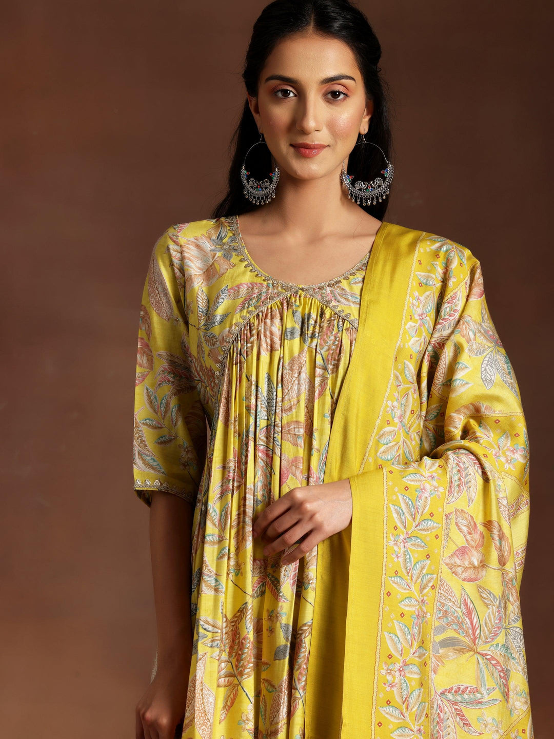 Aashna Mustard Printed Silk Blend A-Line Kurta With Palazzos & Dupatta - Libas 