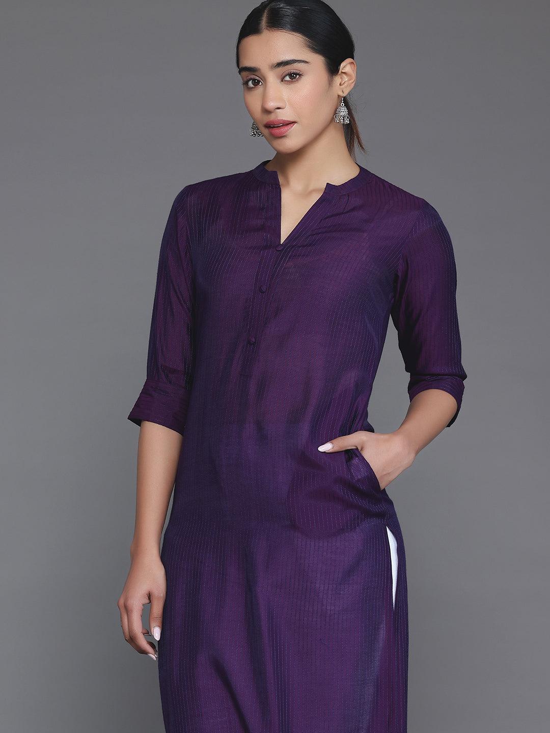 Purple Woven Design Silk Straight Kurta - Libas 