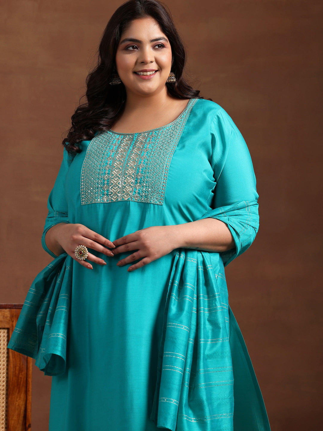 Plus Size Green Yoke Design Silk Blend Straight Suit With Dupatta - Libas 