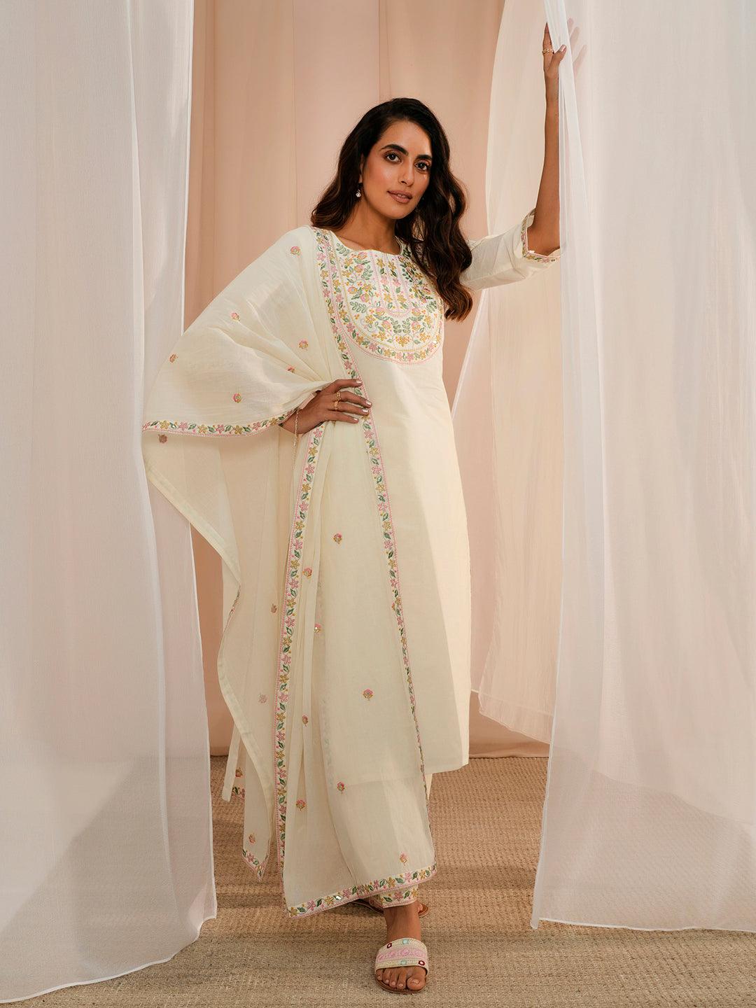 Off White Yoke Design Cotton Straight Suit With Dupatta