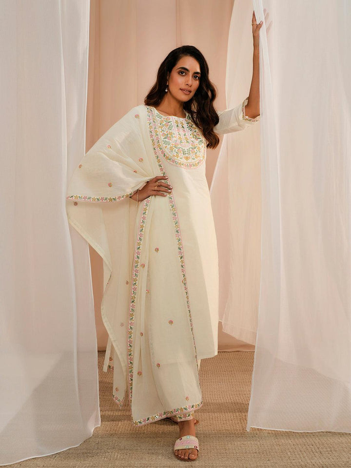 Off White Yoke Design Cotton Straight Suit With Dupatta - Libas