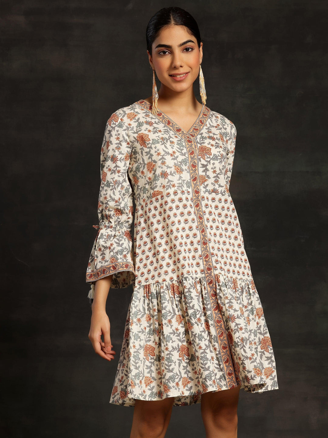 Beige Printed Cotton A-Line Dress - Libas 