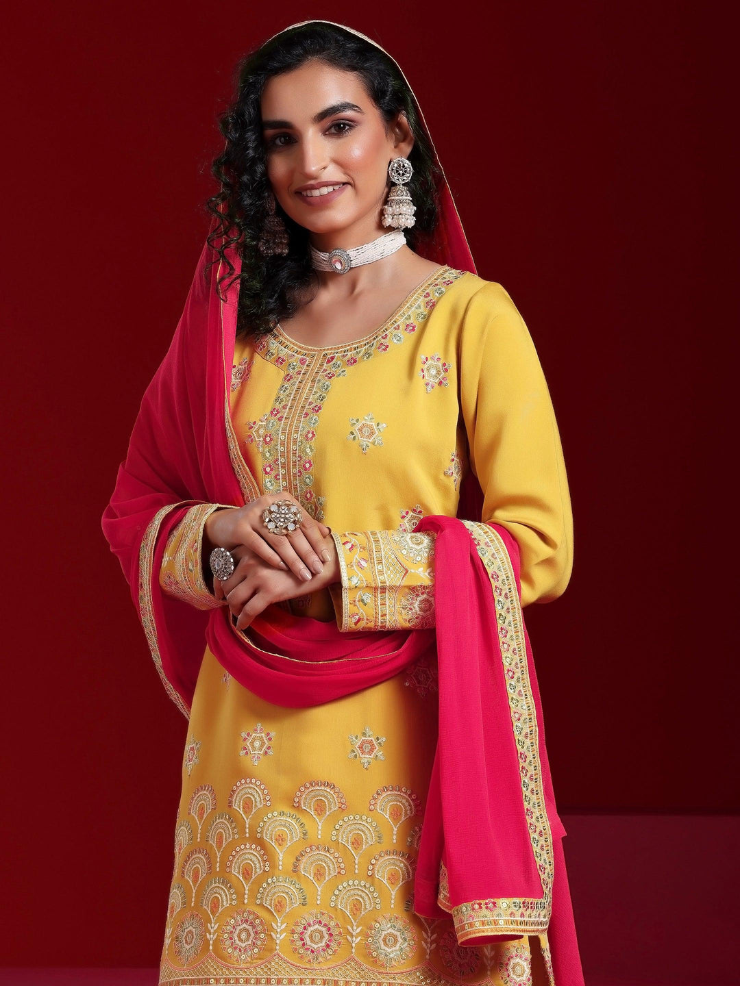 Libas Art Yellow Embroidered Silk Blend Straight Suit With Dupatta - Libas 