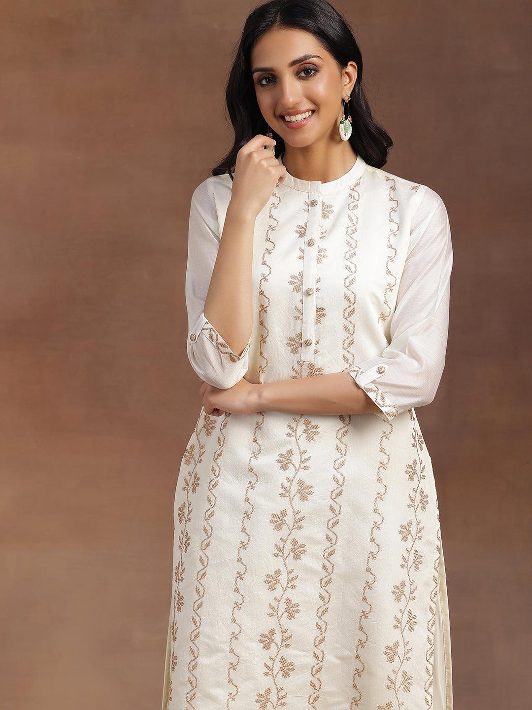 Off White Embroidered Chanderi Silk Straight Kurta - Libas