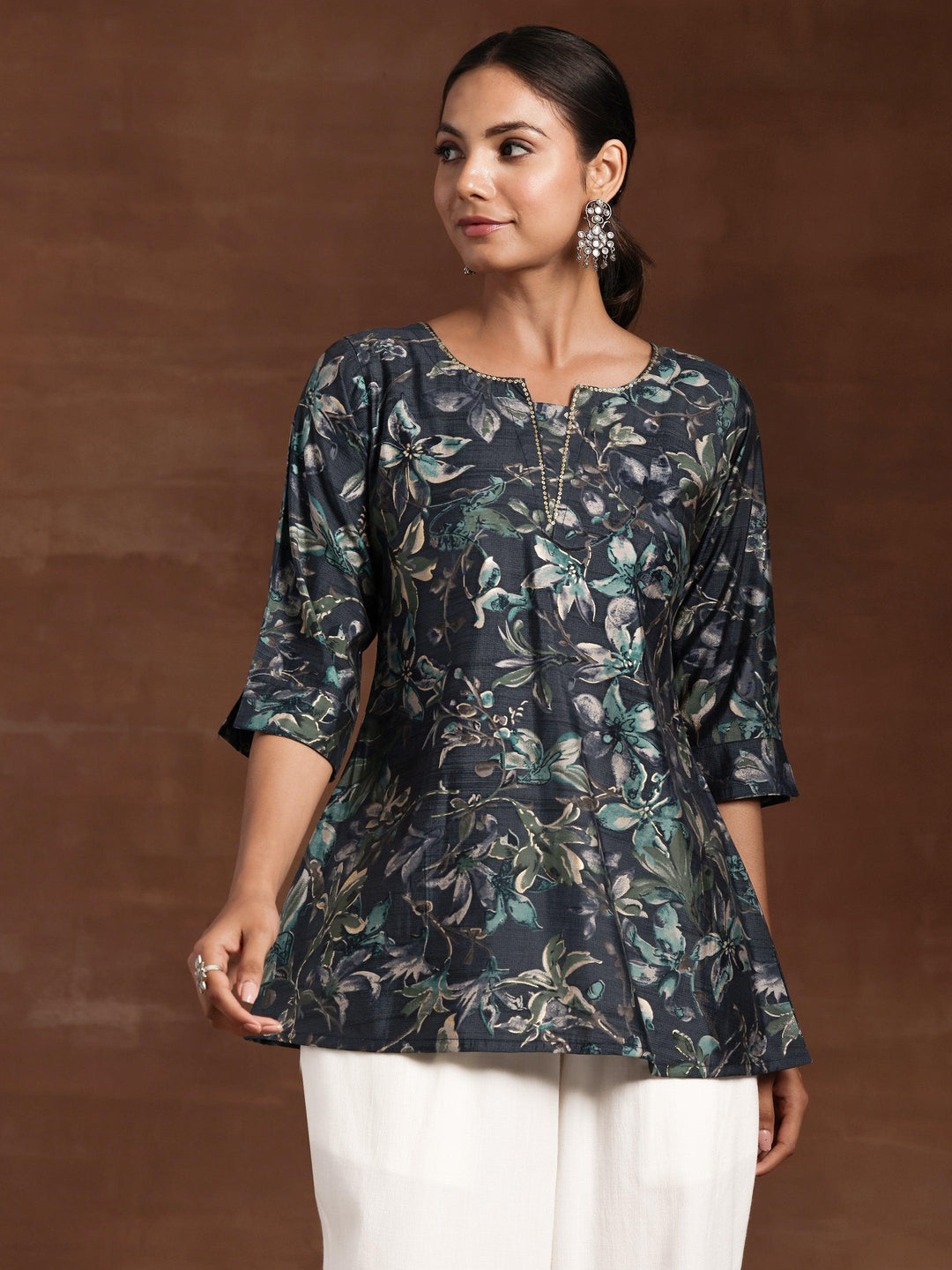 Grey Yoke Design Silk Blend A-Line Kurti - Libas 