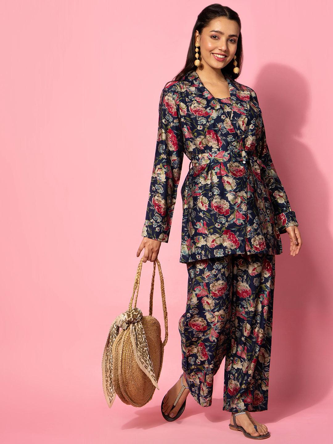 Navy Blue Printed Silk Blend Co-Ords - Libas 