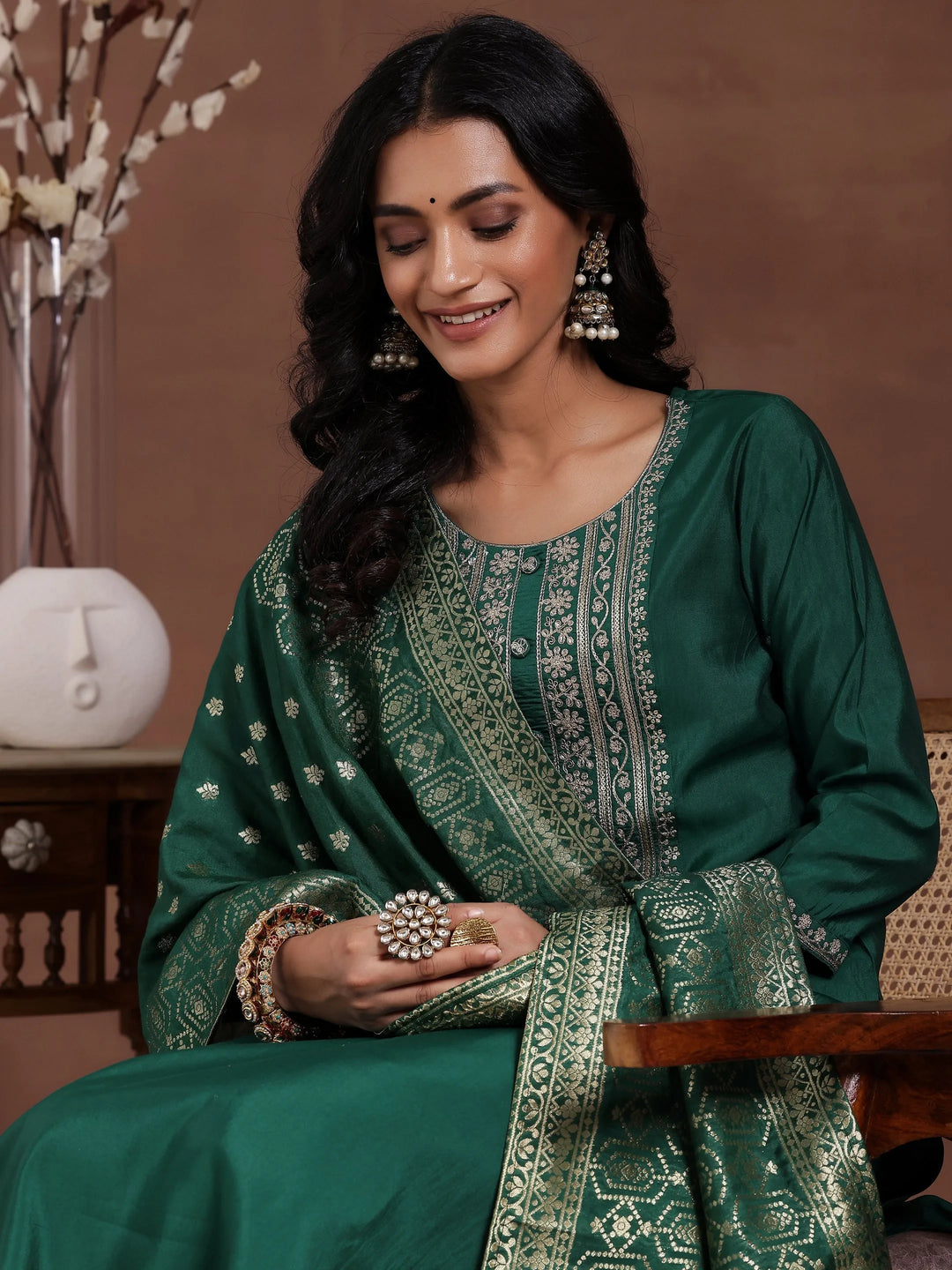  Green Yoke Design Silk Blend Straight Suit With Dupatta 