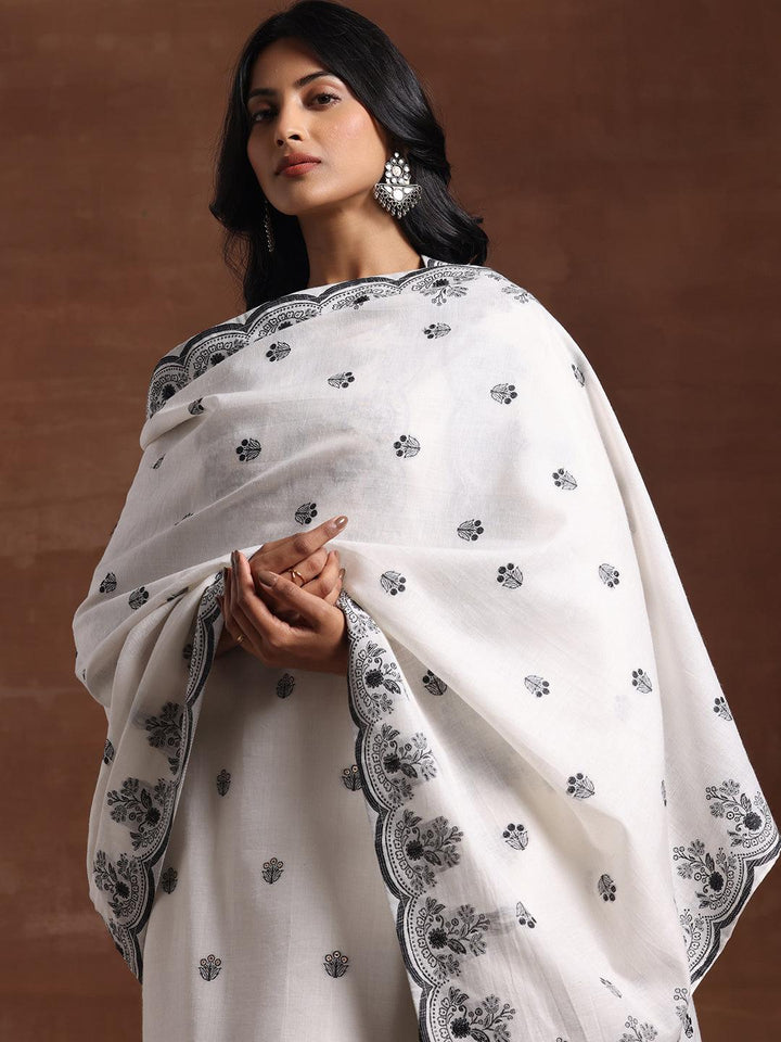 White Woven Design Cotton Straight Suit With Dupatta - Libas