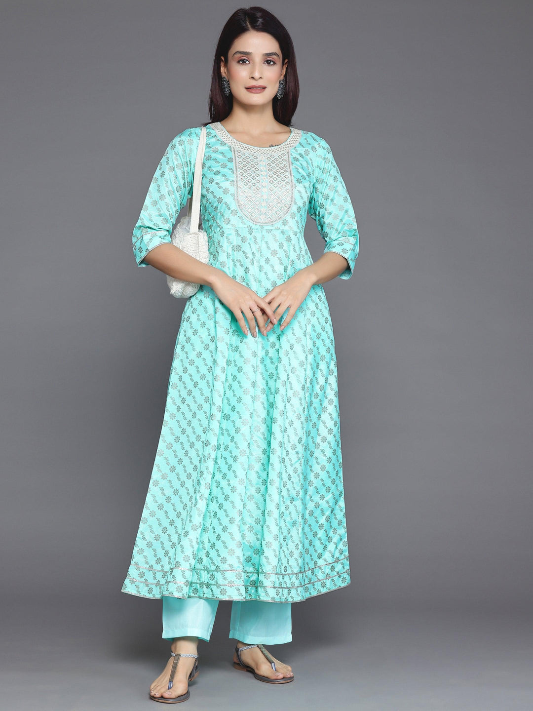 Blue Printed Silk Blend A-Line Kurta With Palazzos - Libas