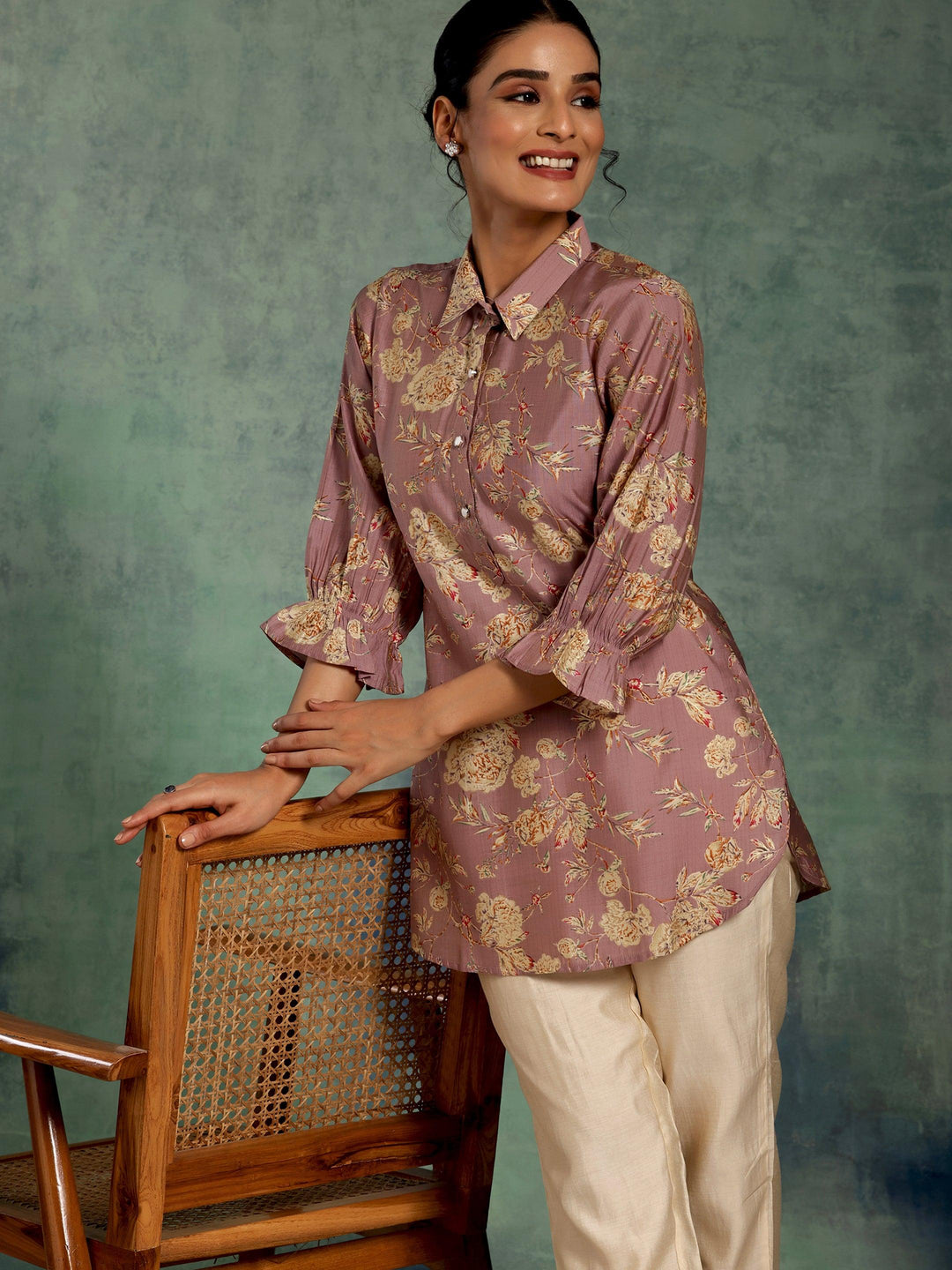 Mauve Printed Silk Blend Straight Kurti - Libas 