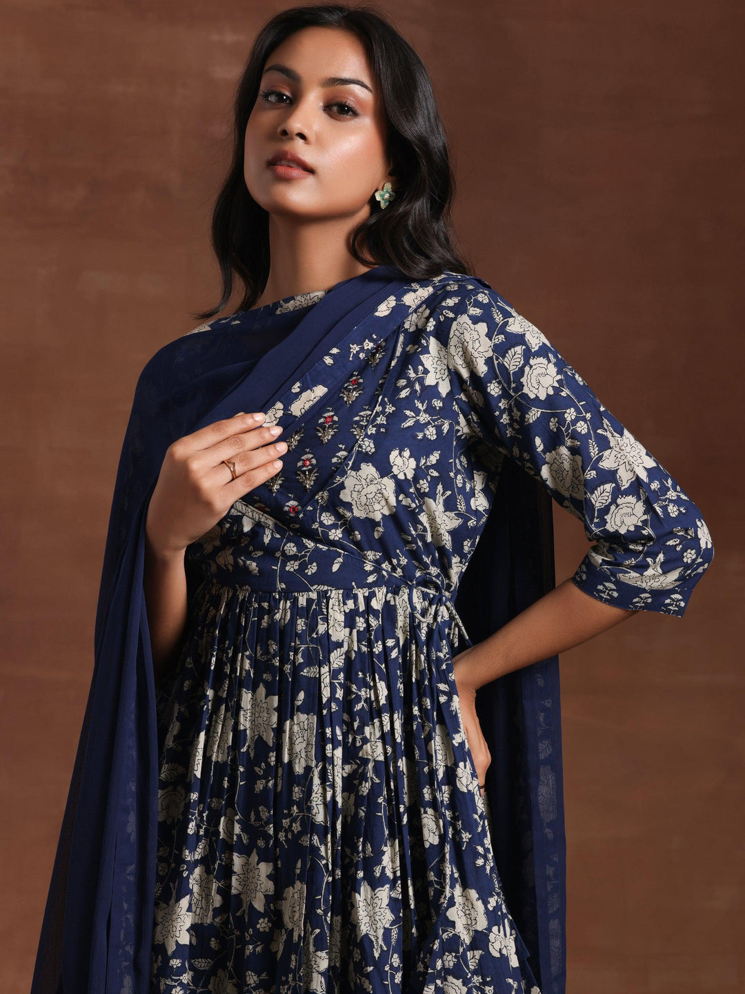 Blue Printed Pure Cotton Anarkali Suit With Dupatta - Libas 