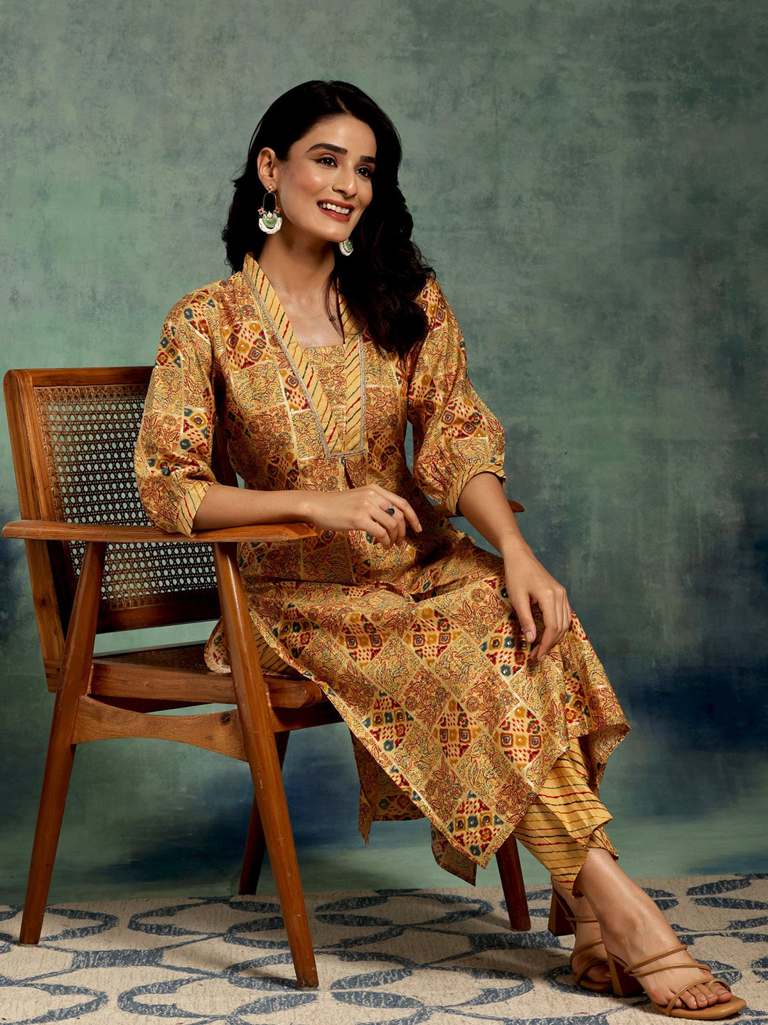 Yellow Printed Silk Blend Straight Kurta Set - Libas 