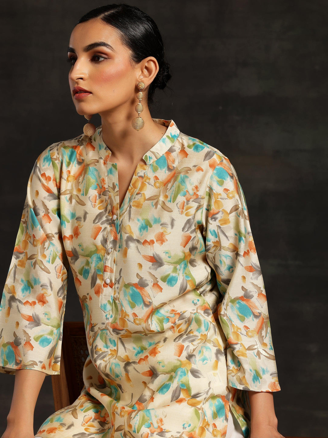 Beige Printed Silk Blend Straight Kurtis - Libas 