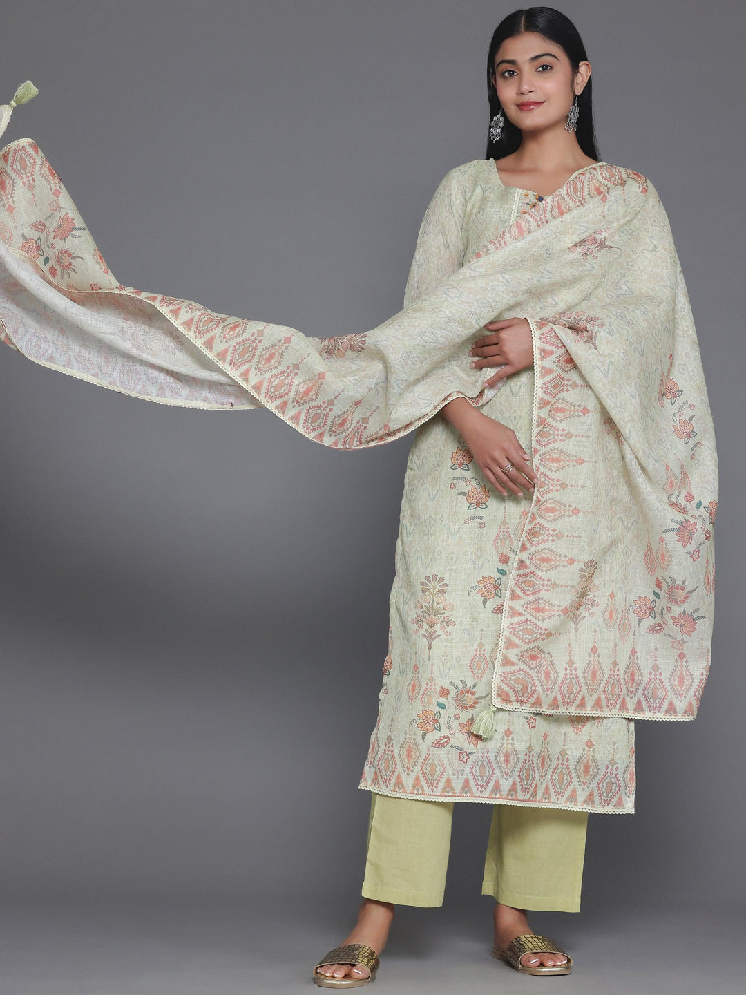 Green Printed Cotton Straight Suit With Dupatta - Libas