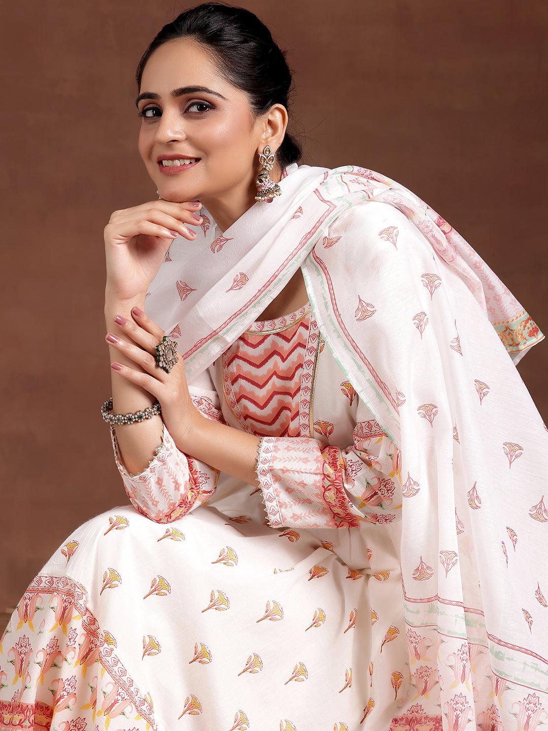 Off White Printed Cotton Anarkali Suit With Dupatta - Libas