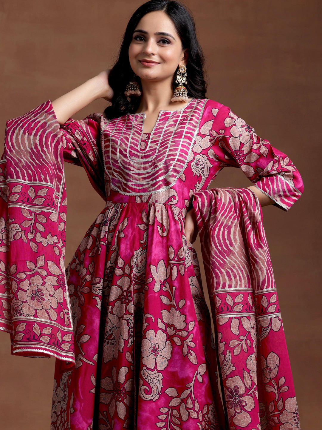 Magenta Printed Cotton Anarkali Suit With Dupatta - Libas