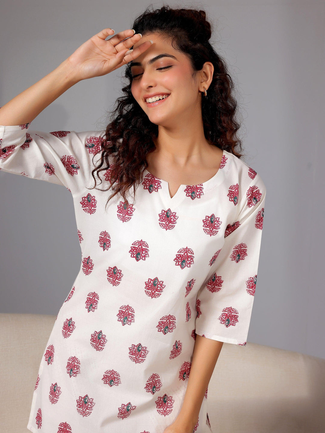 Cream Printed Cotton Night Suits - Libas