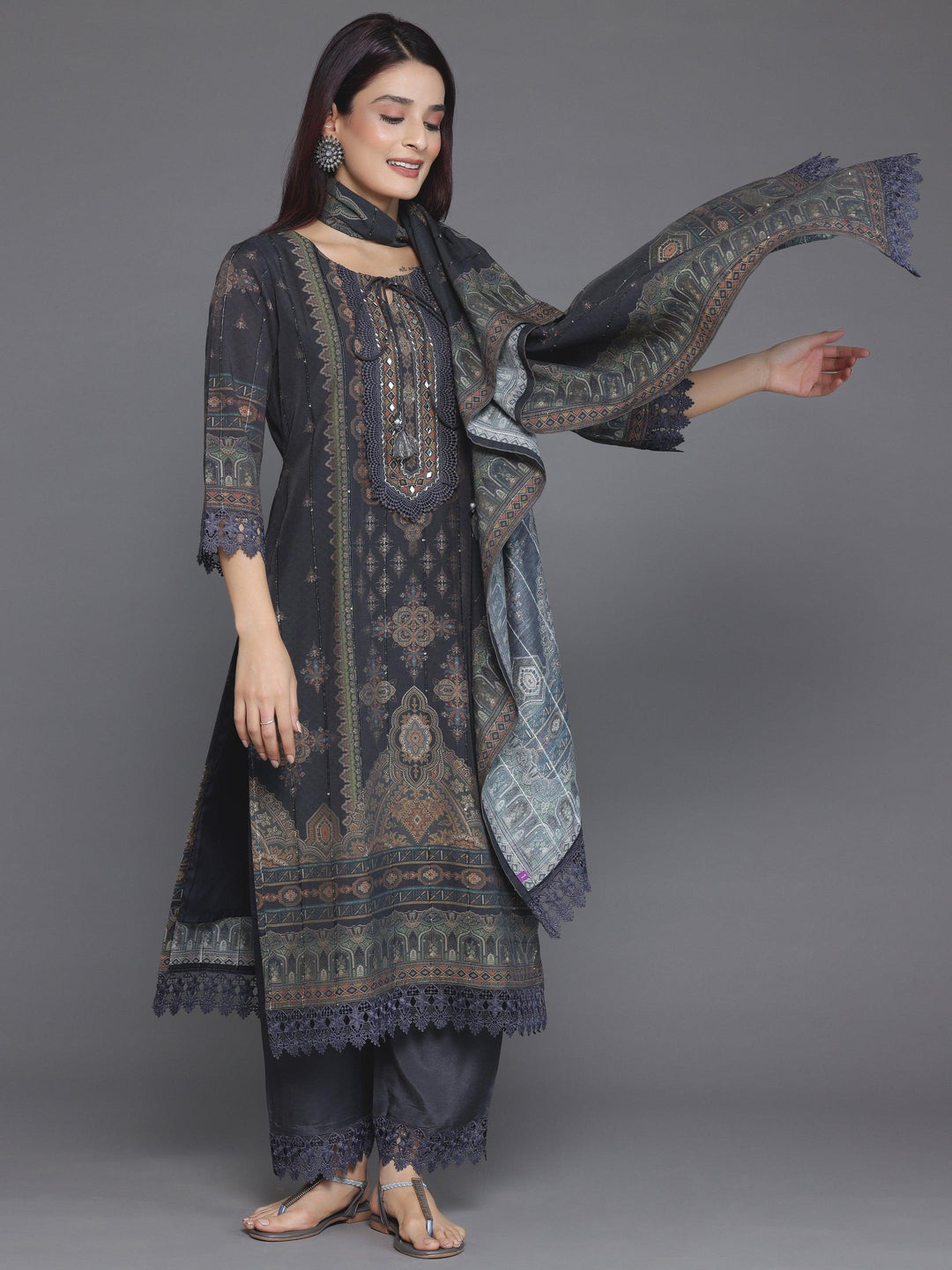 Grey Printed Silk Blend Straight Suit With Dupatta - Libas 