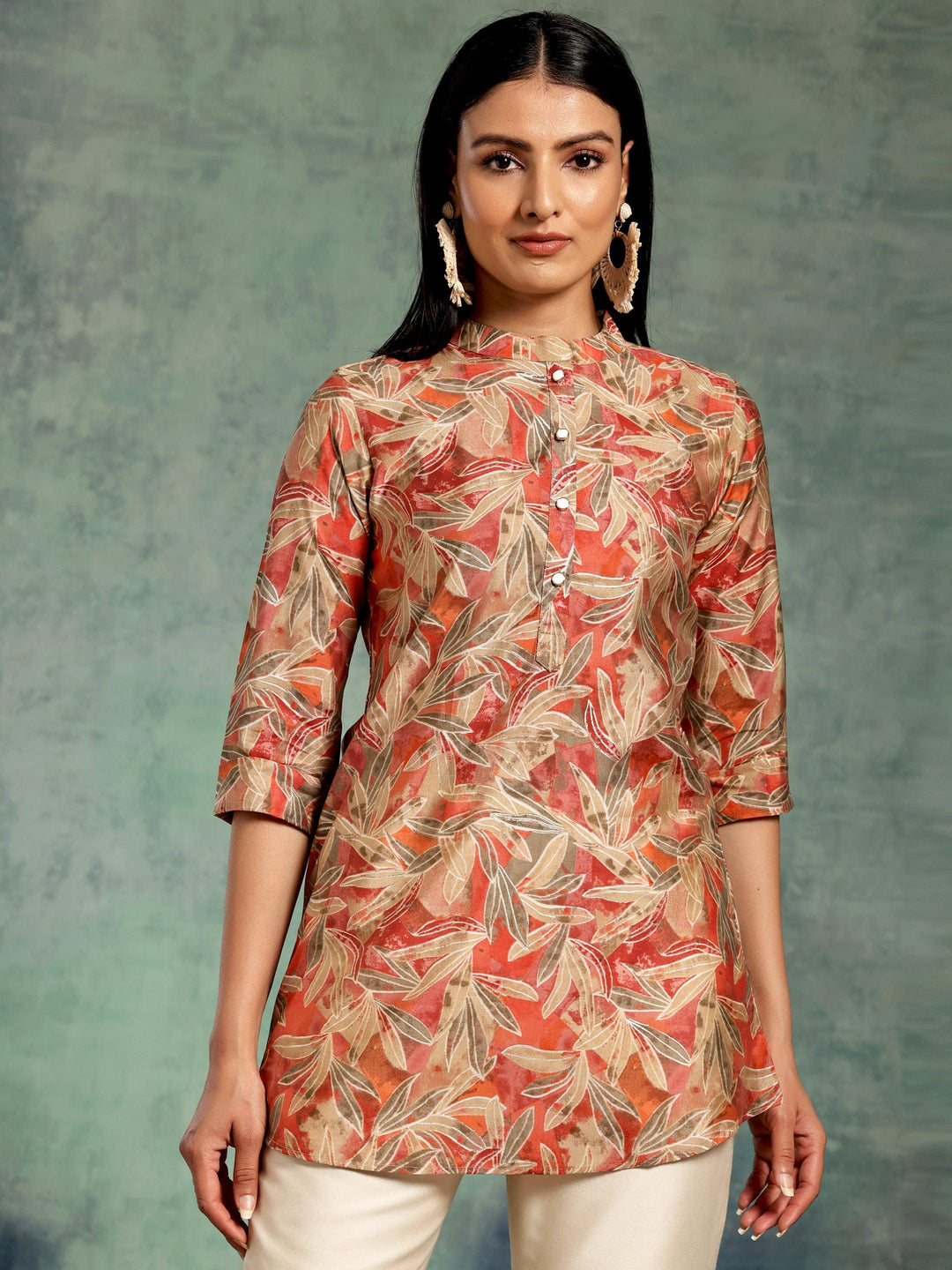 Beige Printed Silk Blend Straight Kurti - Libas 