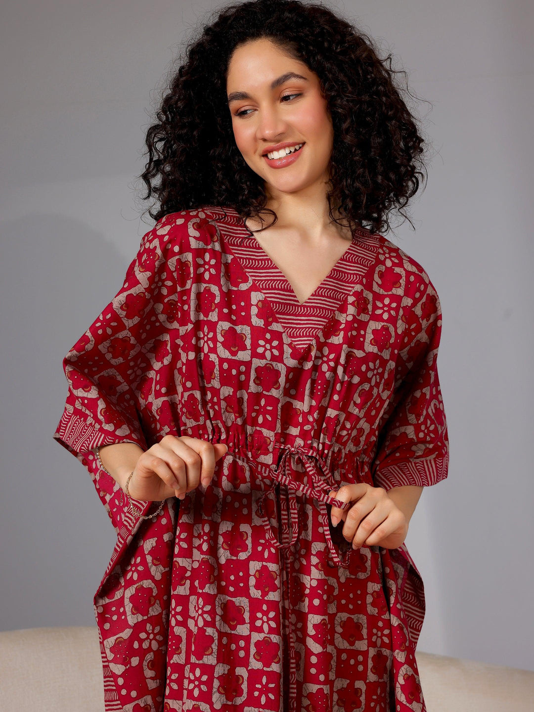 Magenta Printed Cotton Kaftan Night Dress - Libas