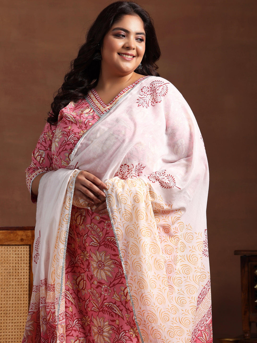 Plus Size Pink Printed Cotton Straight Suit With Dupatta - Libas 