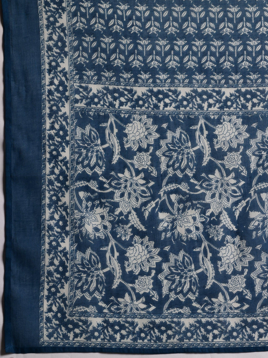 Blue Printed Cotton A-Line Kurta With Trousers & Dupatta - Libas 