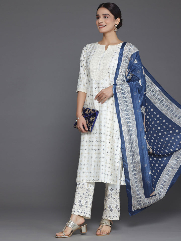 Off White Printed Silk Blend Straight Suit With Dupatta - Libas