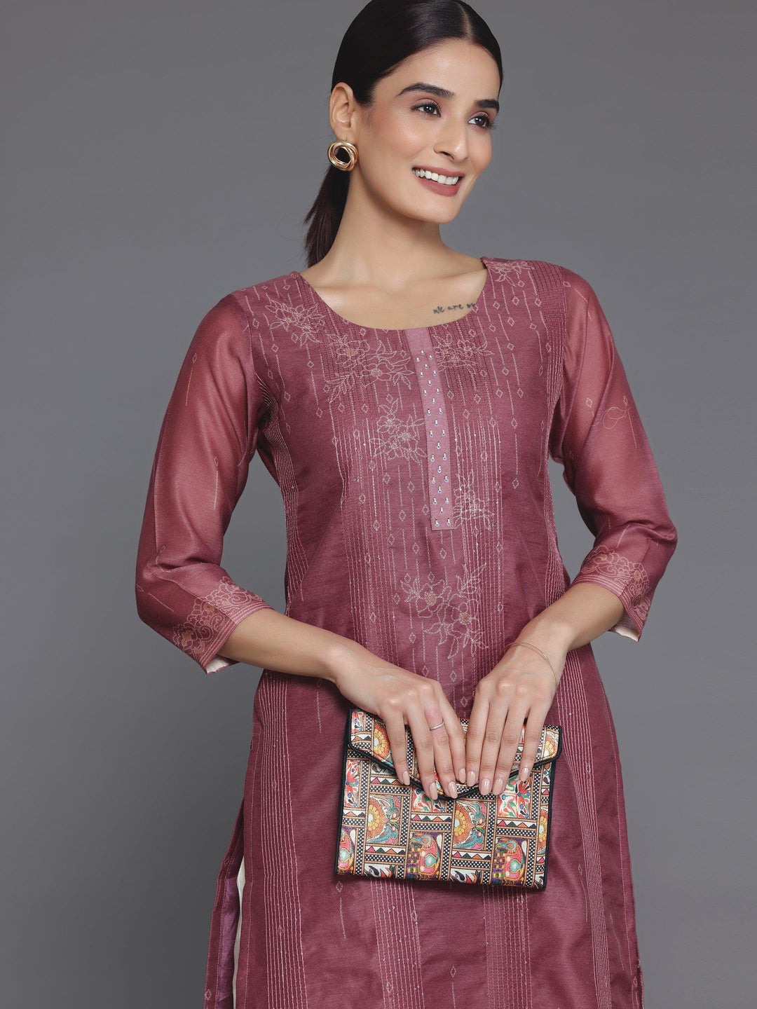 Mauve Embellished Chanderi Silk Straight Kurta - Libas