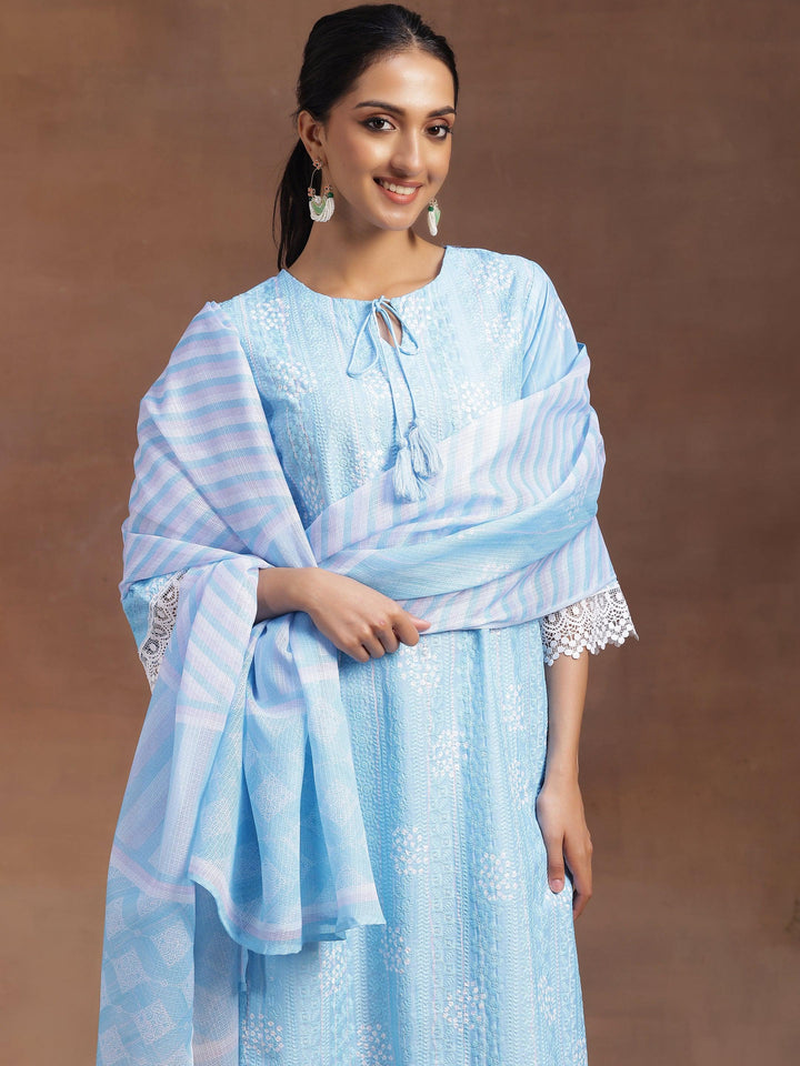 Blue Embroidered Cotton Blend Straight Suit With Dupatta - Libas