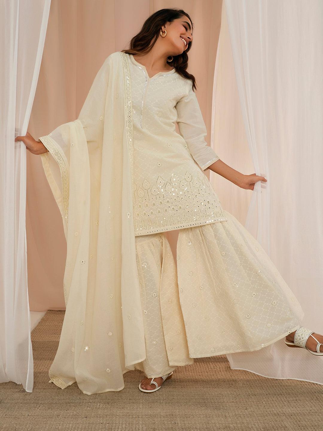 Off White Embroidered Cotton Straight Suit With Dupatta - Libas 