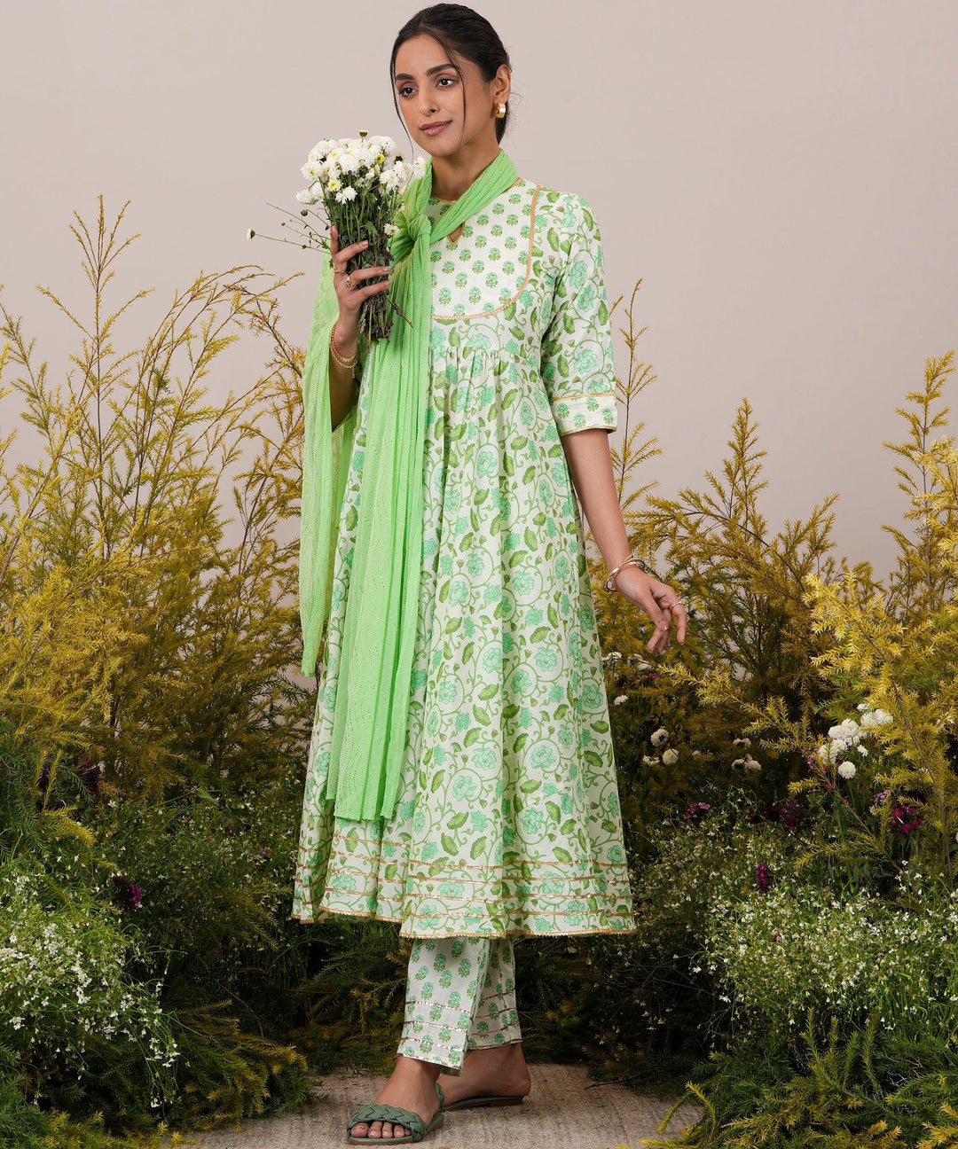 Green Yoke Design Cotton Anarkali Suit With Dupatta - Libas