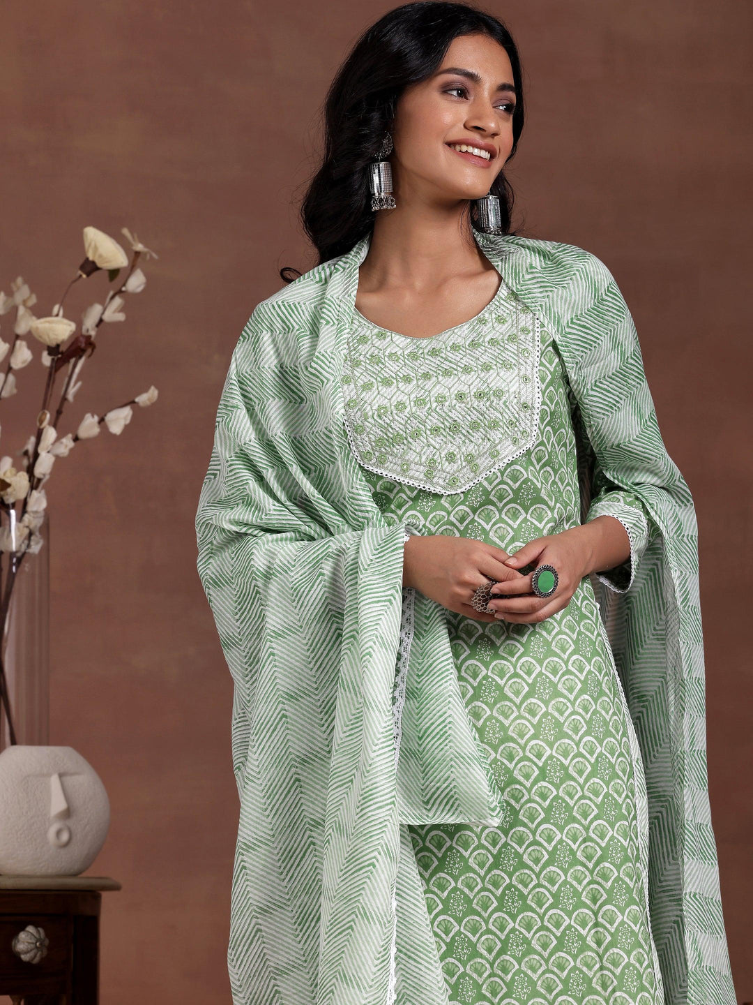 Green Printed Cotton Straight Suit With Dupatta - Libas 