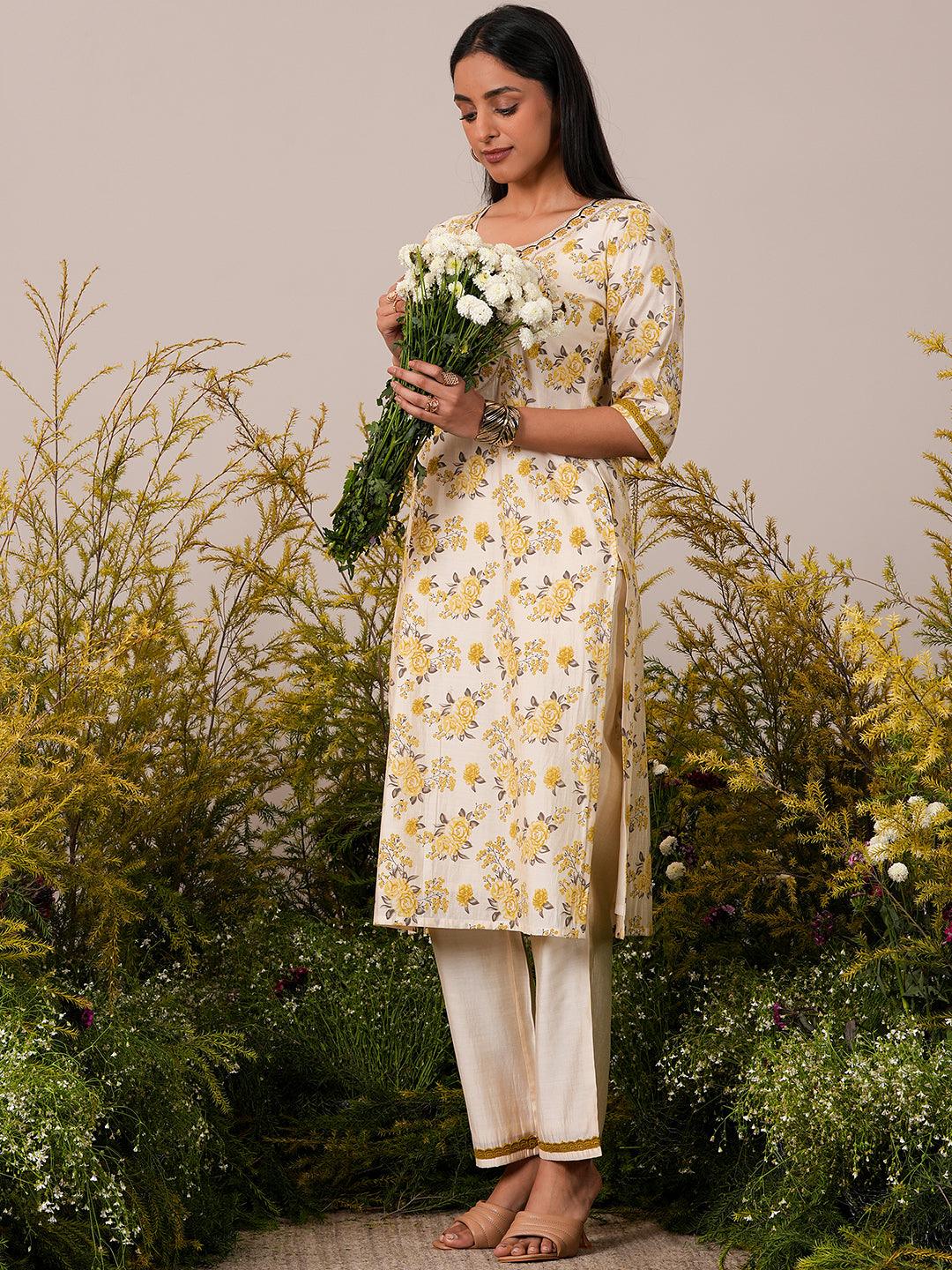 Beige Printed Chanderi Silk Straight Kurta Set - Libas