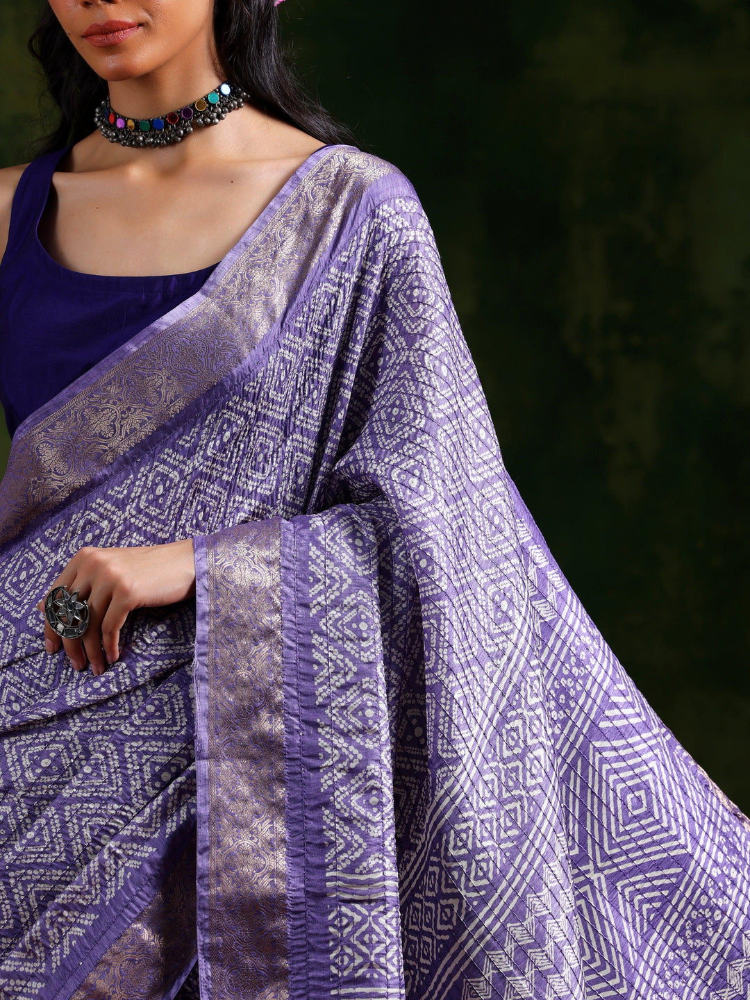 Lavender Printed Silk Blend Saree With Unstitched Blouse Piece - Libas