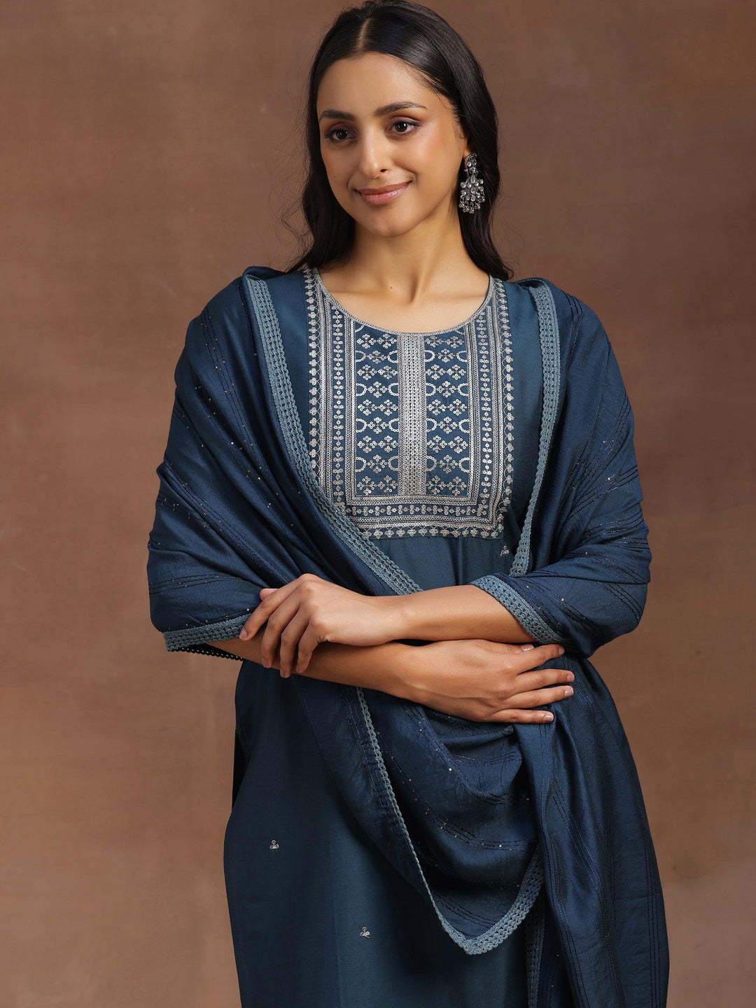 Blue Yoke Design Silk Blend Straight Suit With Dupatta - Libas