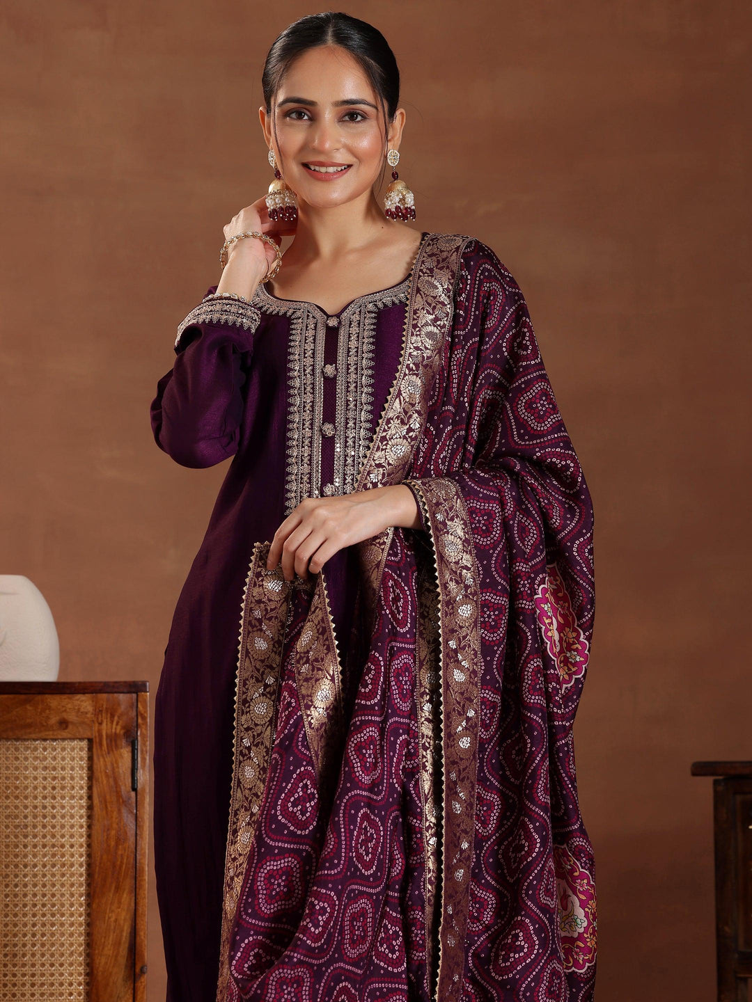 Wine Embroidered Silk Blend Straight Suit With Dupatta - Libas 