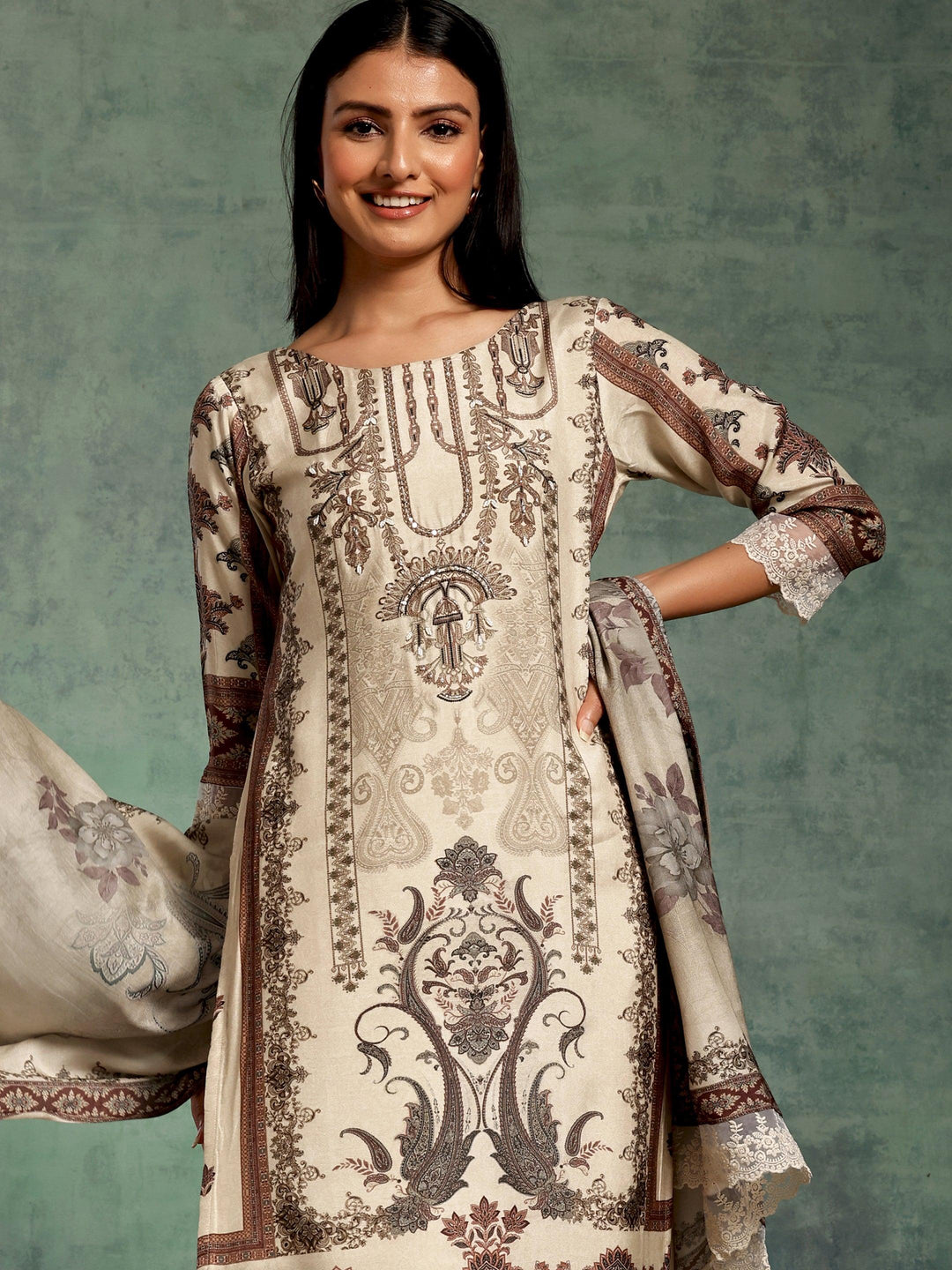 Ivory Printed Silk Blend Straight Suit With Dupatta - Libas 